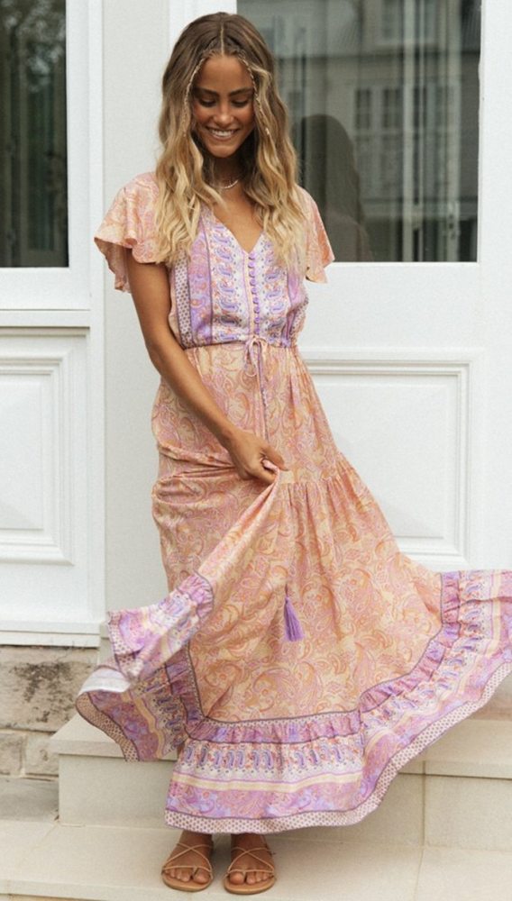 Short Sleeve Maxi Women Dresses Vintage Pink Floral Print Long Summer Dress 2021 V Neck Button Boho Beach Wear Vestidos