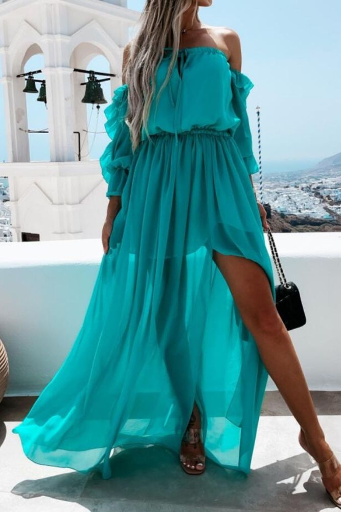 Bohemian Long Dress Women Off Shoulder Chiffon Dress Lace-up Solid Color Ruffle Beachwear Blue/Orange