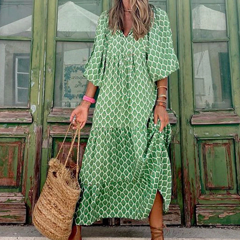 2021 New Printed Long Sleeve Loose Bohemian Dress Women V Neck Boho Long Dress Casual Party Holiday Wear Femme Robes Green