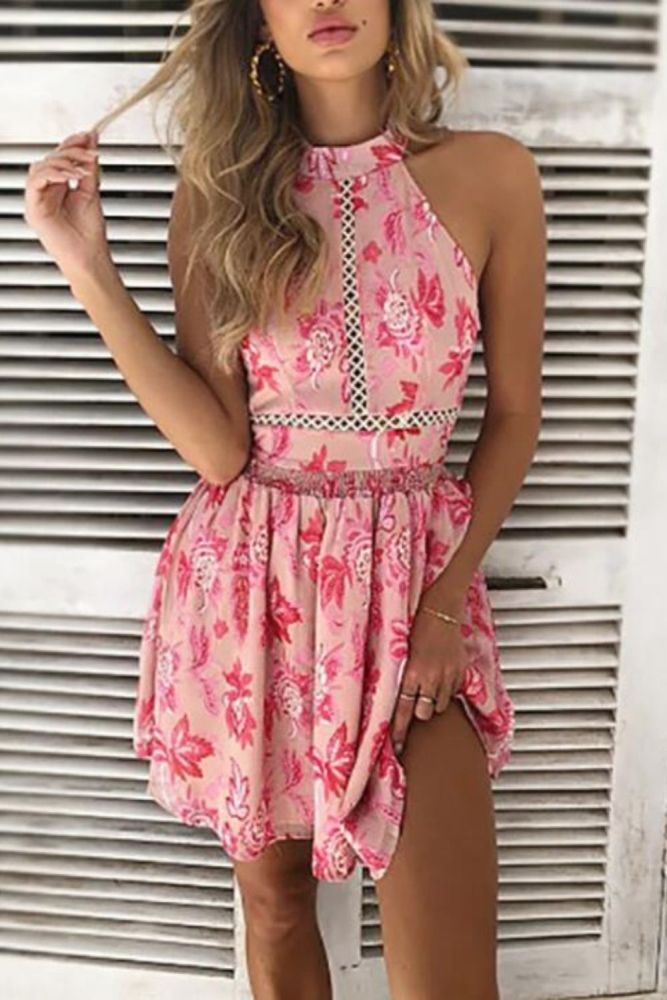 Pink Floral Print Mini Dress Summer New Arrival Sleeveless O Neck Hollow Out Lace A-Line Tank Dresses Sexy Female Vestidos 2021