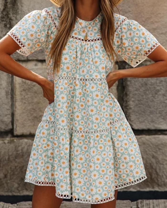 Trendy Hollow-Out Print Short Sleeve Mini Dress