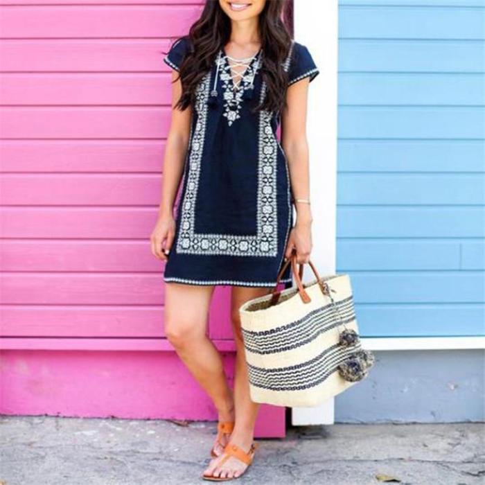 Short Sleeve Printed Lace Up Dress