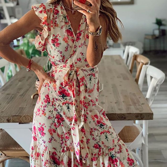2021 Womens V Neck Floral Casual Maxi Dress Summer Sleeveless Boho Beach Long Sundress Loose Ladies Long Party Dress