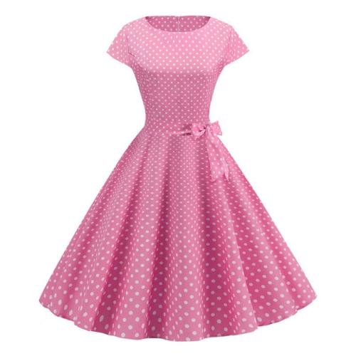 Pink Dot Summer Dress 2020 New Fashion Short Sleeve O-neck 50s 60s Retro Vintage Pinup Rockabilly Knee-Length Dress Casual Swing