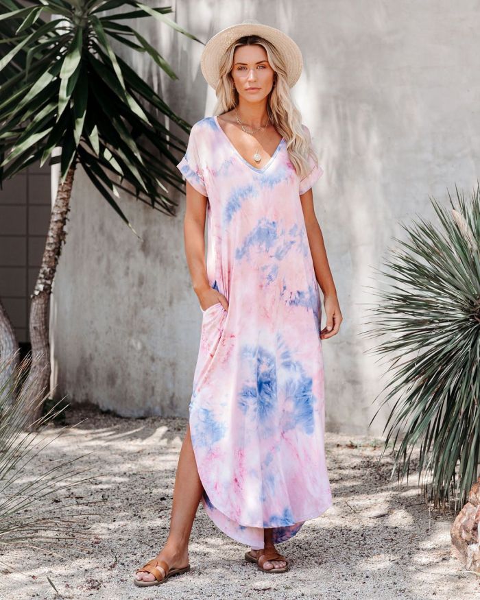 2021 New Arrival Women Print Short Sleeve Dress Loose Split Long Dresses Beach Style Summer Lady Sundress Clothing