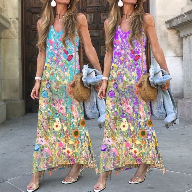 Bohemian Style Print Women Dress 2021 Summer Hot-sale V-neck Spaghetti Straps Maxi Dress