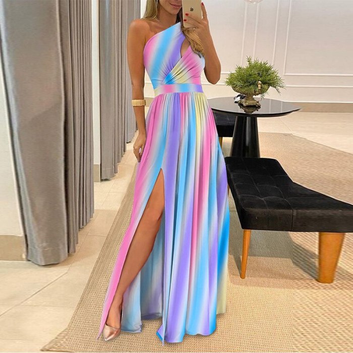 Summer New Sexy Skew Collar Draped Slim Dress Fashion Solid Hollow Out High Split Party Dress 2021 Women Casual Long Dress Mujer