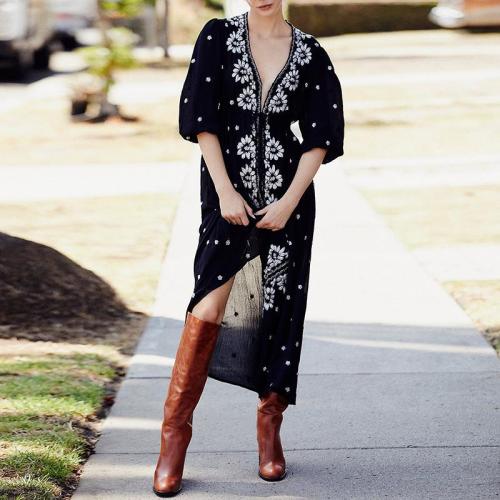 Sexy Deep V Halflong Puff Sleeves Slit Ankle-length Casual Maxi Dress