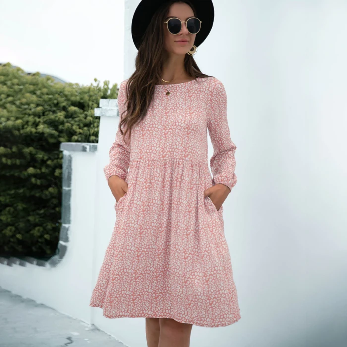 Long Sleeve Cottton Casual Loose O-neck Pink Leopard Print Dress Summer Boho A-line Dress