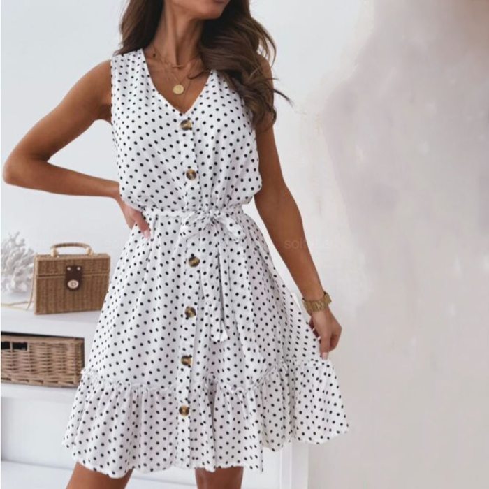 Women's Summer Dress Fashion Print V Neck Casual Loose Lace up Single Breasted Polka Dot Ruffled Sleeveless Beach Vacation Dress