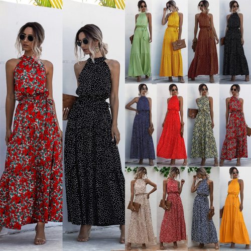 Women Boho Floral Long Dress Ladies Holiday Summer Beach Maxi Dress Polka Dots Halterneck Bandage Dresses