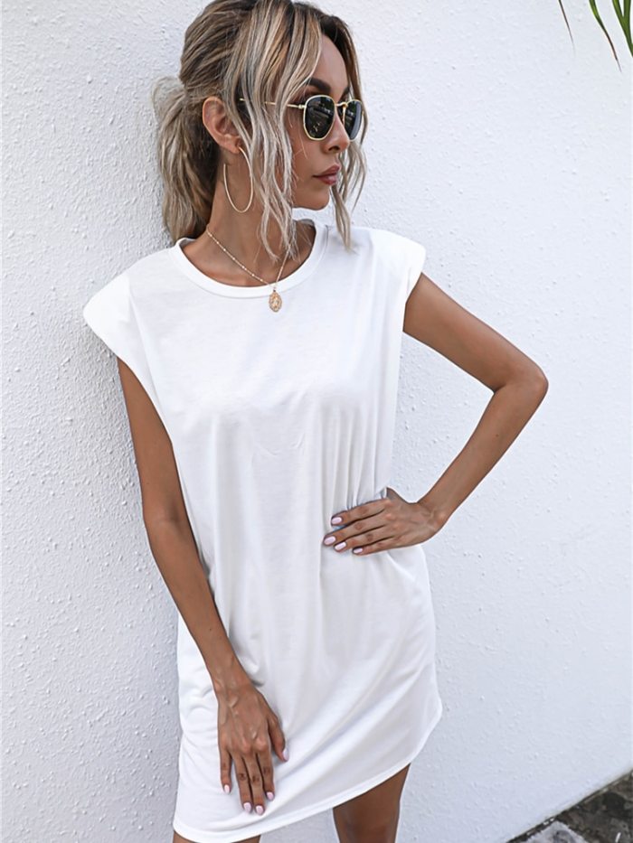 2021 Summer Women Dress Vintage Shoulder Pads Solid Party Dress Casual Sleeveless Elegant Lady Sexy Mini Dresses Femme Robe