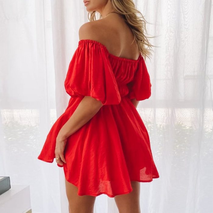 Sexy Summer Off the Shoulder Dress A-Line Women Solid Color Short Sleeve Casual Dress Party Female Vestidos 2021 New