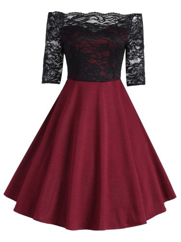1950s Floral Lace Off Shoulder Dress