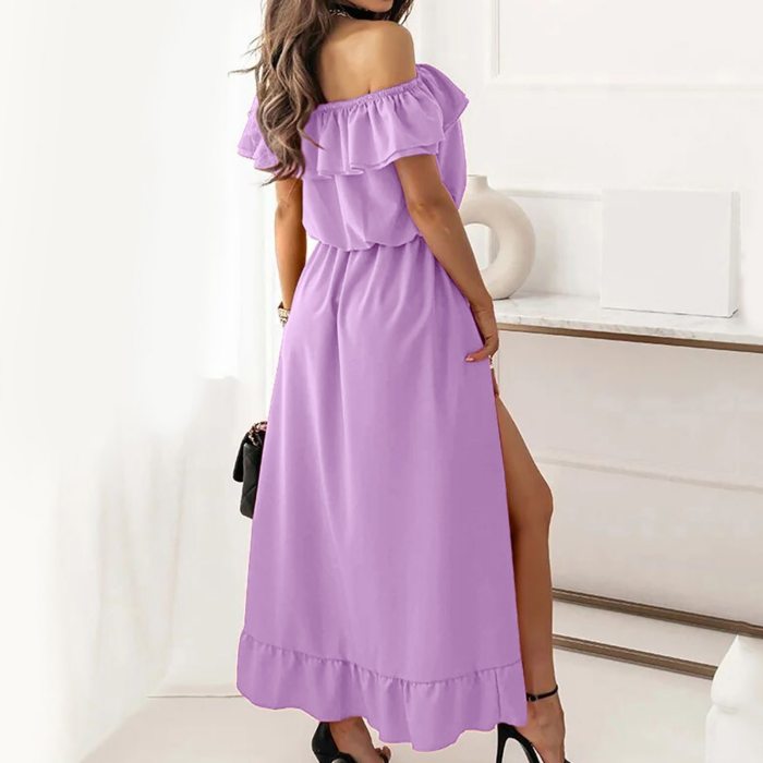 Summer Dress Women Elegant Dresses Fashion Solid Slash-neck Casual Asymmetry Ruffle Vacation Long Robe Femme платье летнее