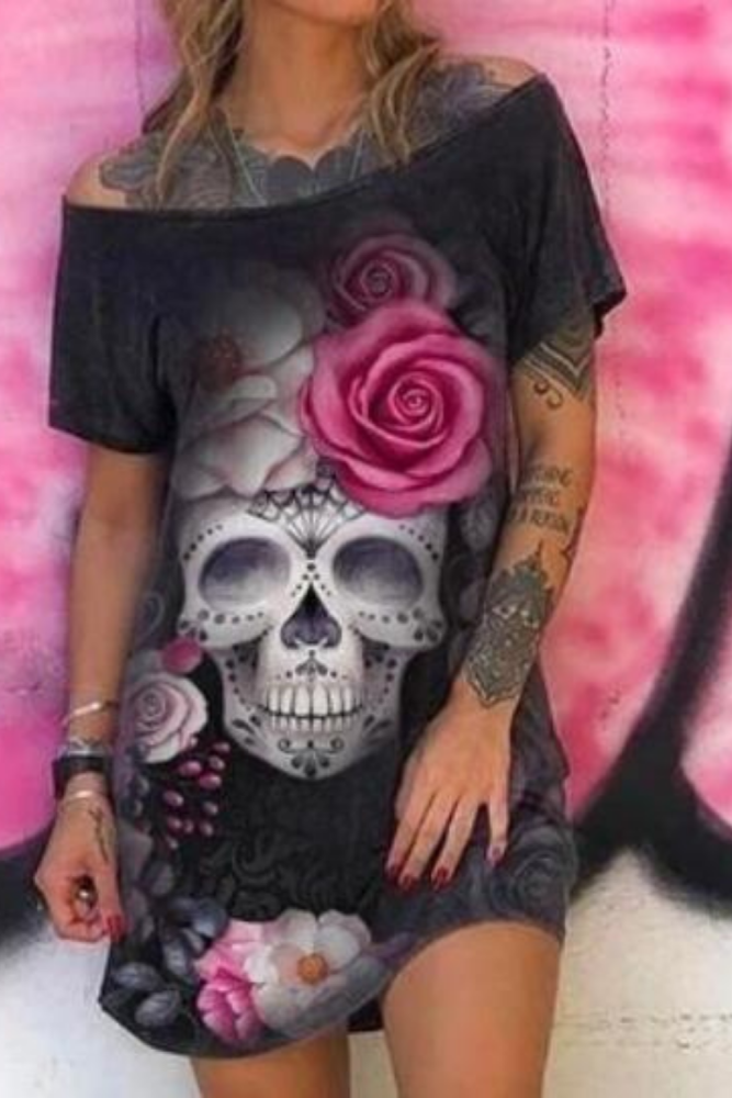 2021 Goth Flower Skull Rose Print Off Shoulder Mini Dress Women Graphic Punk Grunge Loose Short Sleeve Dresses Summer Y2K Tops