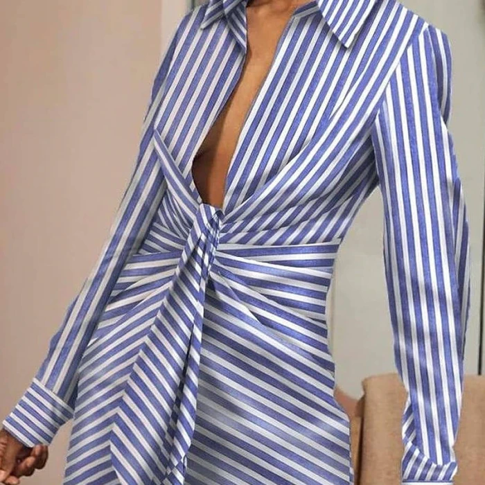 Fashion Striped V Neck Mini Shirt Dress Women Long Sleeve Front Self-tie A Line Bandage Dress Office Female Vestidos Autumn 2021