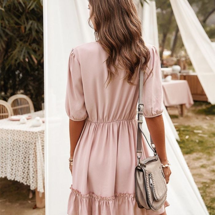 Elegant Solid Half Sleeve Summer Dress Women A-line Office Lady V-neck High Waist Knee-length Dress