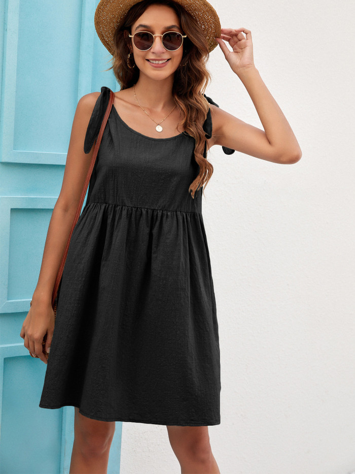 Casual O-neck Bow Pure Color Mini Dress Fashion Sleeveless Loose A-line Vestidos Green Lace Up Dresses For Women 2021 Robe Femme
