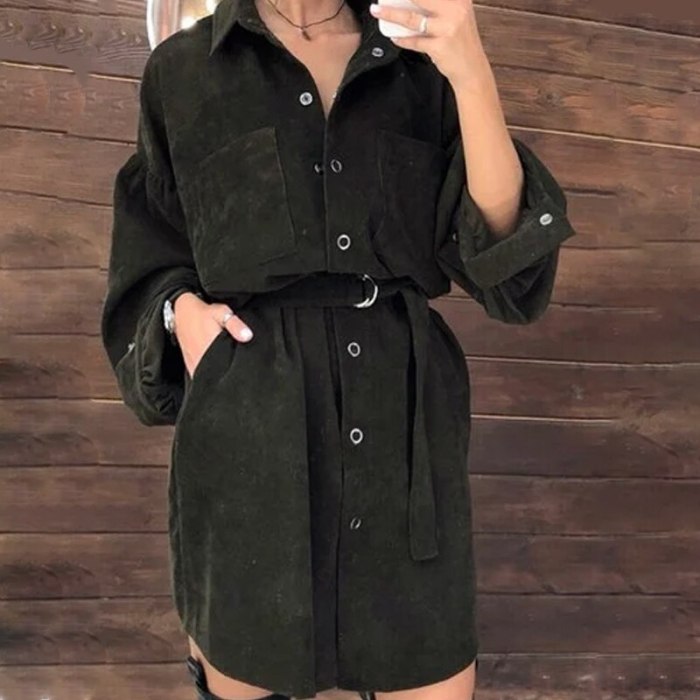 Women Casual Puff Sleeve Mini Dress Front Buttons Loose Dress