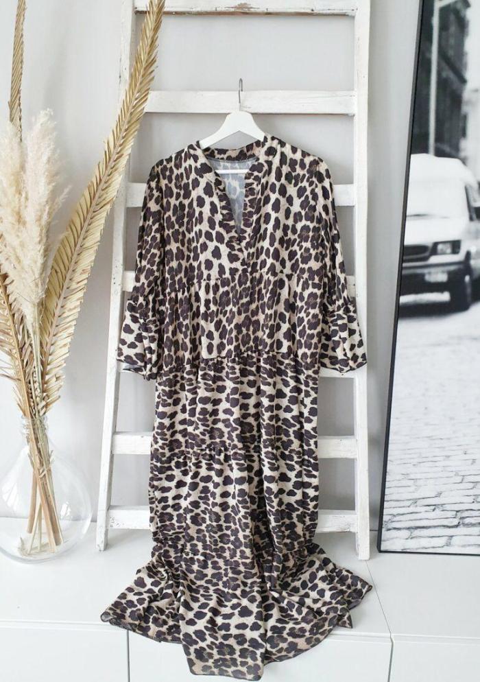 Classic Black Leopard Printed V-Neck 3/4 Sleeve Loose Maxi Dress