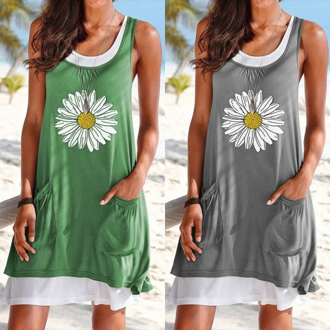 Summer 2021 Plus Size Dress Women's Pocket Daisy Printing Sleeveless A-Line Casual Dresses Female Loose Beach Dress