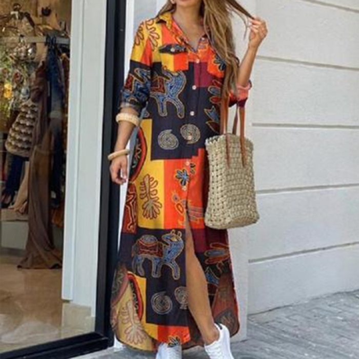 Fashion Women Long Sleeve Shirt Dress Autumn Printed OL Long Dresses Laides Turn-down Collar Loose Sundress Party Dresses