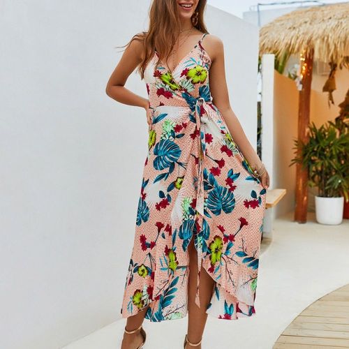 Summer Long Floral Print Dress V-neck Sleeveless Women Casual Beachwear Girls Suspenders Ethnic Strap Holiday Dresses