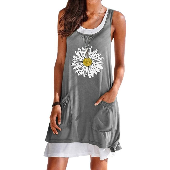 Summer 2021 Plus Size Dress Women's Pocket Daisy Printing Sleeveless A-Line Casual Dresses Female Loose Beach Dress