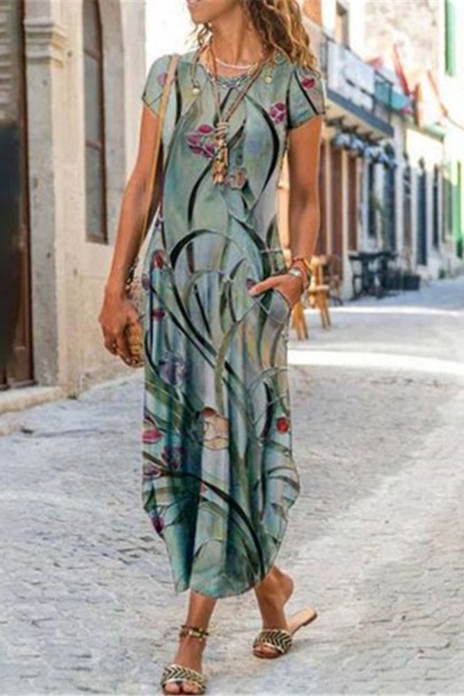Summer Women's Ladies Printed Slim Short Sleeve Split Mid-length Robe Femme Casual Dress