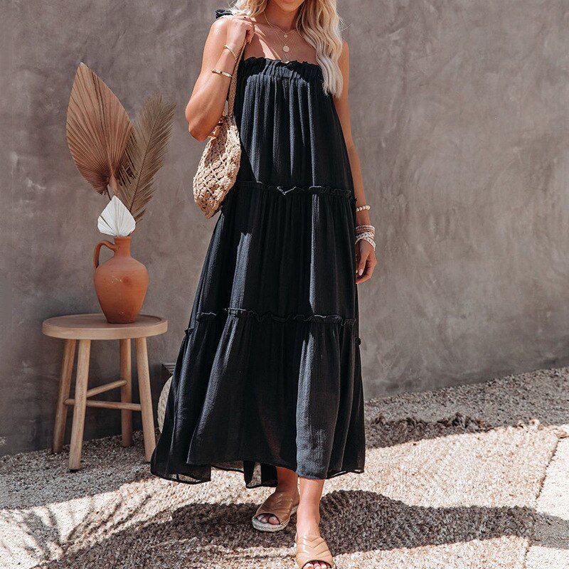 Boho Dress Women Summer Sexy Sling Dress Solid Color Strapless Ankle-Length A-LINE Big Swing Maxi Dresses for Women Lugentolo