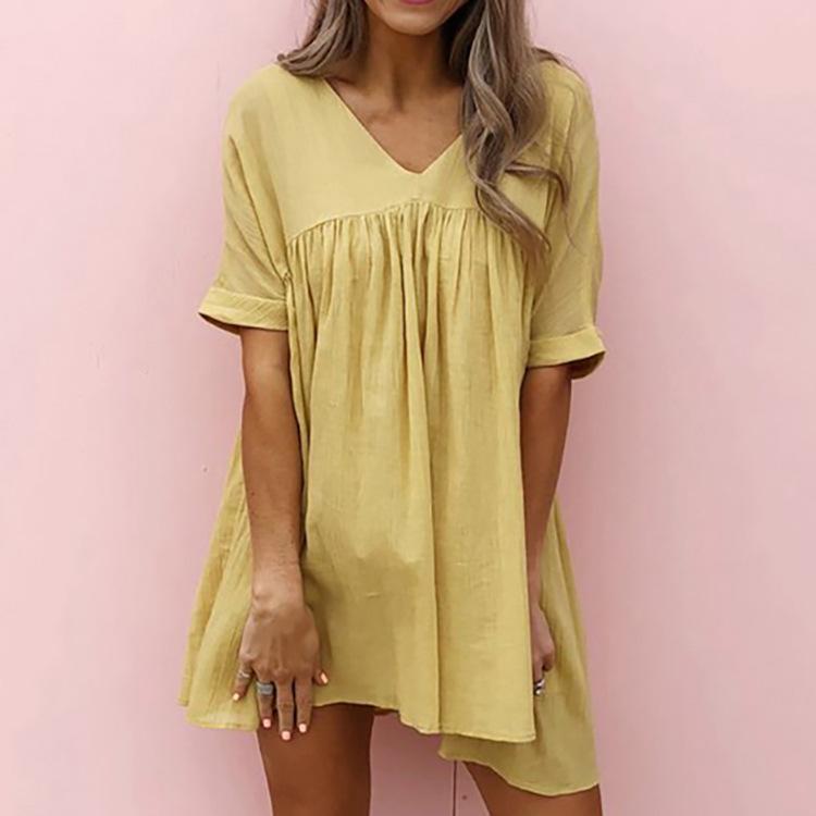 Summer Fashion V-Neck Creased Loose Waist Dress