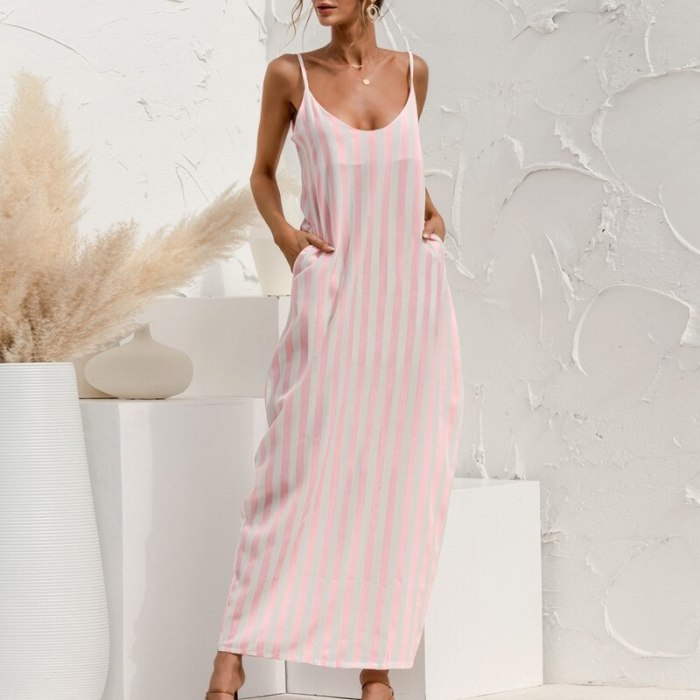 Women's Summer Sling Long Skirt Striped Printed Sleeveless Pocket Dress