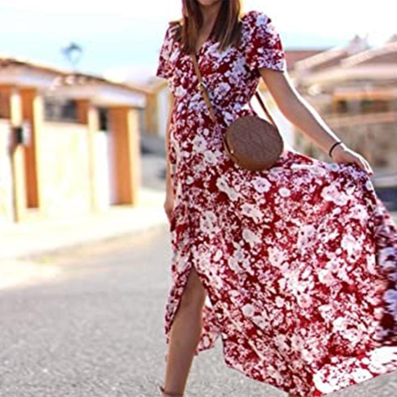 Vacation Floral Print Short Sleeve Maxi Dress
