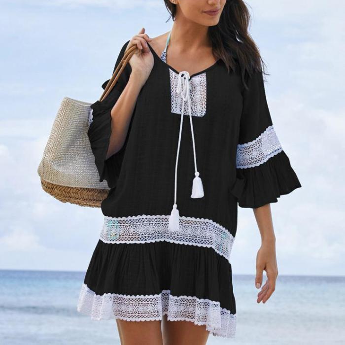 Casual Sexy Lace Splicing Hollow Out Horn Sleeve Sunscreen Mini Dress
