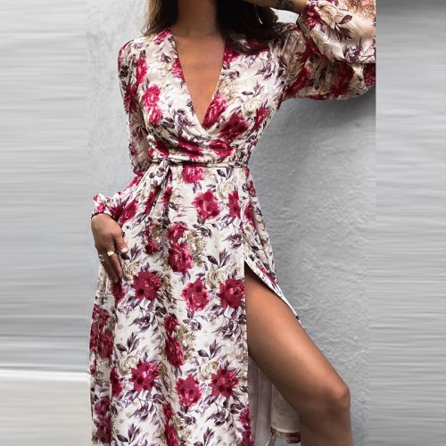 2021 Sexy Wrap Split Deep V Neck Midi Dress Women Sweet Floral Print Beach Party Dress ELegant Lantern Long Sleeve Casual Dress