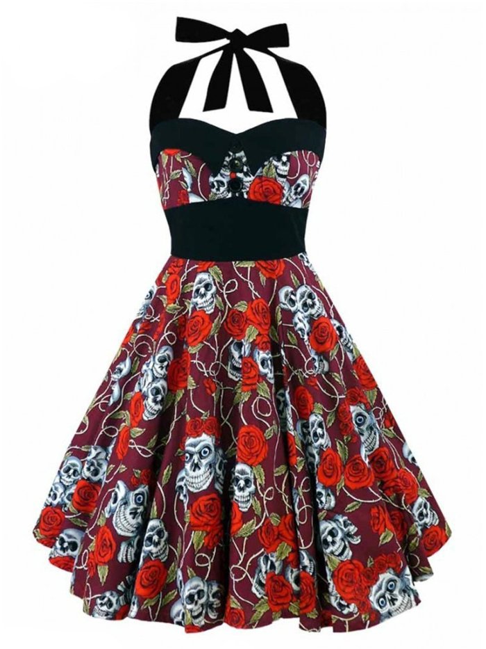 1950s Halter Skull Print Swing Dress