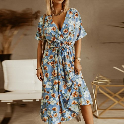 Summer Boho Vintage Floral Print Beach Dress Elegant Bandage Belted Short Sleeve Dresses Women Sexy Wrap V Neck Long Party Dress