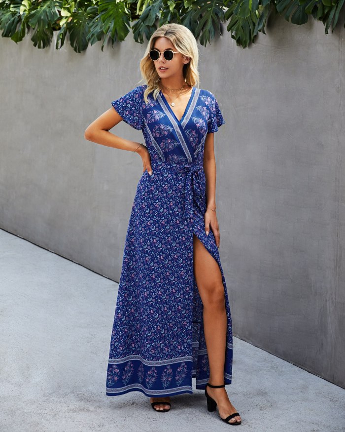 Fashion Floral Print Maxi Dress Women Boho Short Sleeve V-Neck Lace Up Long Dresses Summer Beach Casual Dresses
