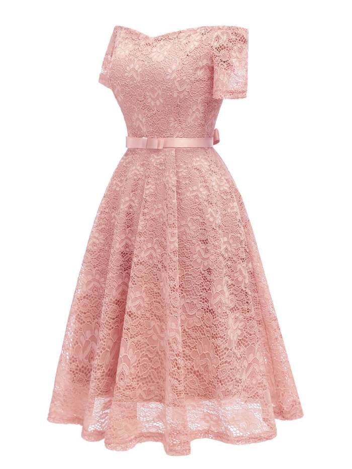 1950s Lace Floral Off Shoulder Dress