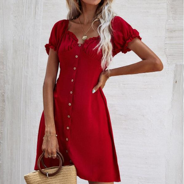 2021 Summer Elegant Ladies Red Solid Mini Dress Women Casual Short Puff Sleeve Single Breasted Button V Neck Vintage Dresses