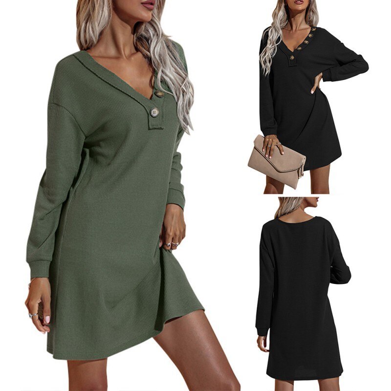 Women'S Autumn Winter European American Clothes Casual Dresses V-Neck Buttoned Hip Knitted Dresses