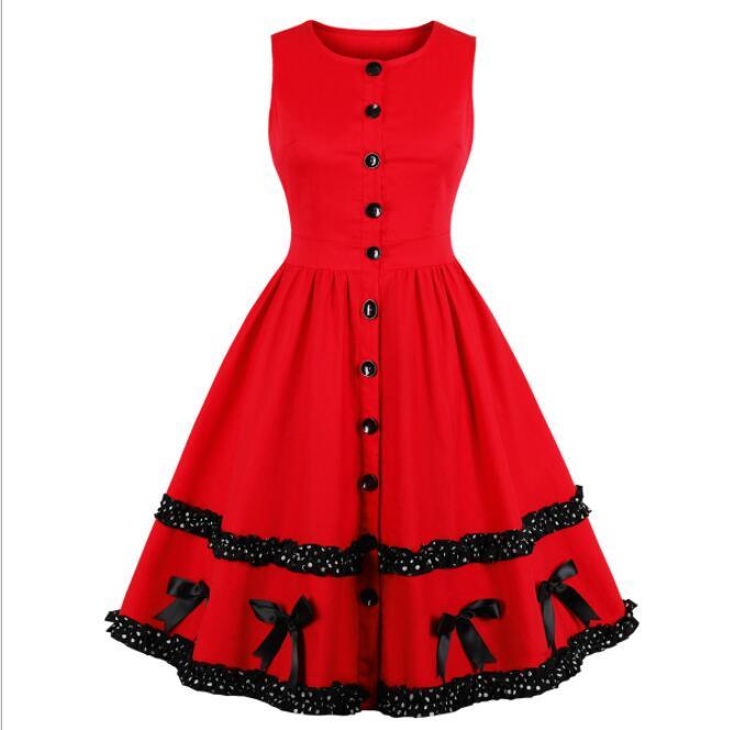 Clearance! Women Red Cotton Dress Sleeveless Patchwork with bow Elegant Women 50s Retro Vintage Dress Plus Size