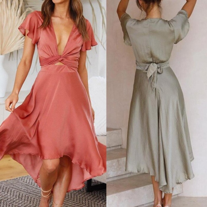 2021 Summer Sexy Hollow Out Temperament Women's Short-Sleeved V-Neck Irregular Dress Ladies Solid Color High Waist Maxi Dress