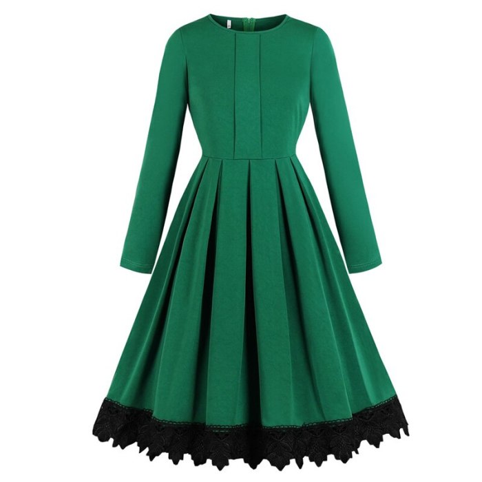 Tonval Green Contrast Guipure Lace Hem Solid Pleated Midi Dress Women Long Sleeve Autumn Winter High Waist Vintage Dresses