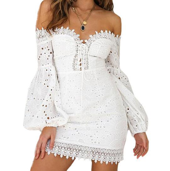 Fashion Beach Sundress Sexy Off Shoulder Women White Embroidery Elegant Dresses Spring Summer Bandage Bodycon Long Sleeve