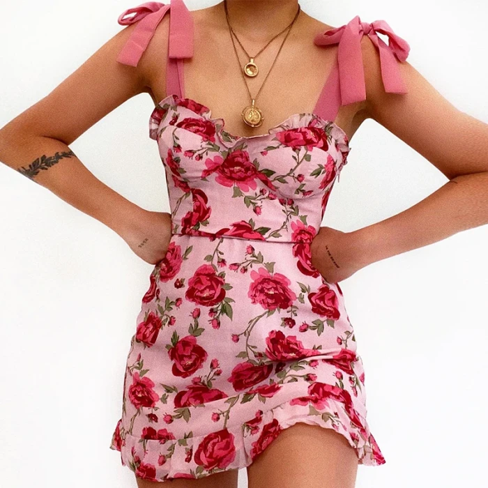 Summer Floral Print Spaghetti Strap Lace V Neck Ruffles Mini A- Line Dress Beach Holiday Women Sundress 2021 Vestidos Fashion