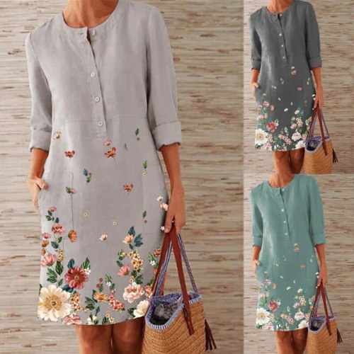 Long Sleeve Printed Dress Women High Waist Round Neck Plus Size Loose Knee-Length A-LINE Dresses for Women Lugentolo