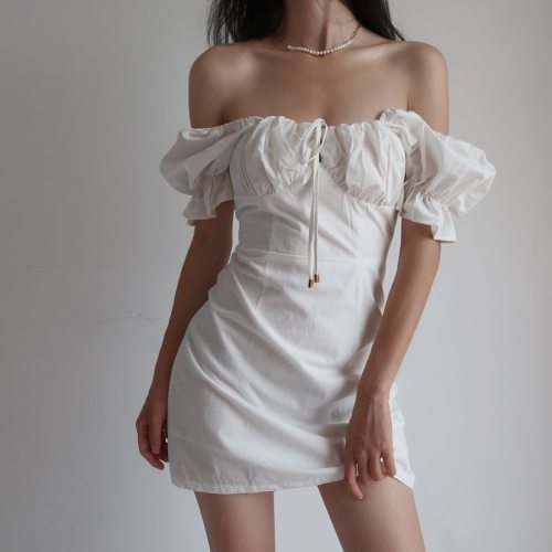 Summer french Elegant Boho White light dress Women Retro y2k Tie Neck Puff Sleeve Mini Sexy Casual Dresses Beach Party Robe 2021