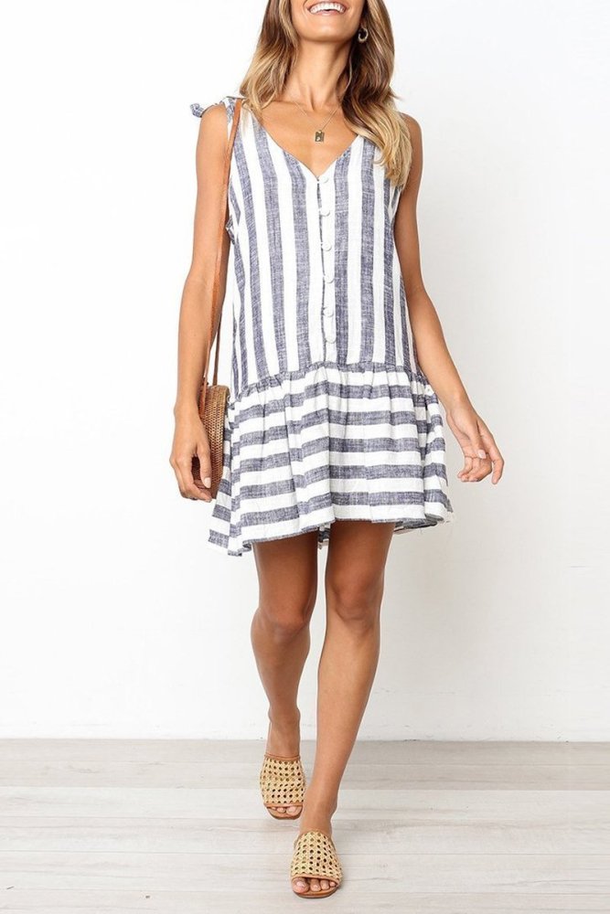 Fashion Stripe Sleeveless Casual Single Breasted Dress